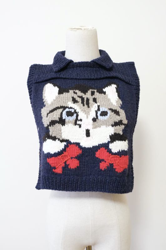 SIIILON Preps cat knit tops navy